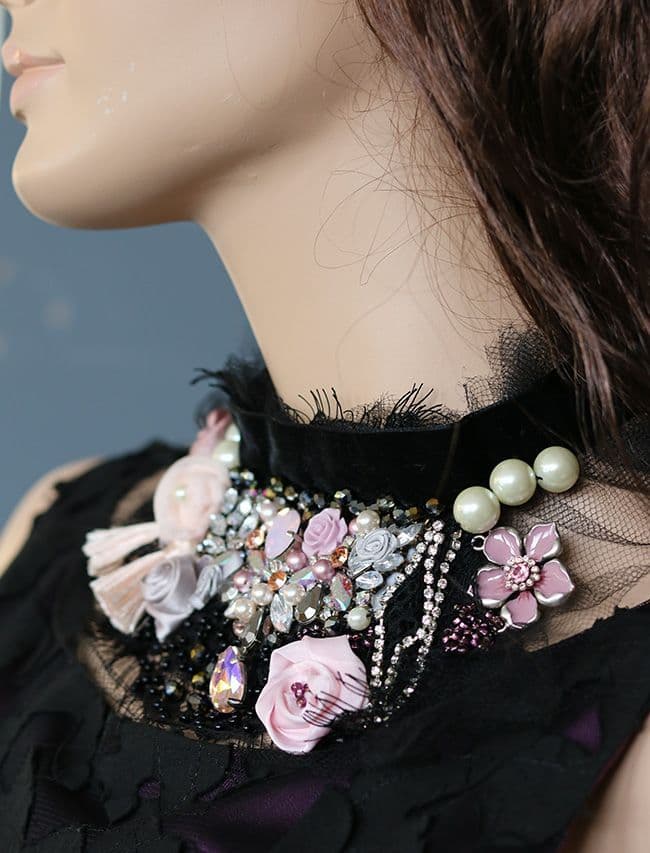 Black and pink crystal and lace necklace