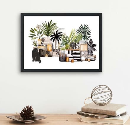 Black Cat & Boho House Plants Art Print