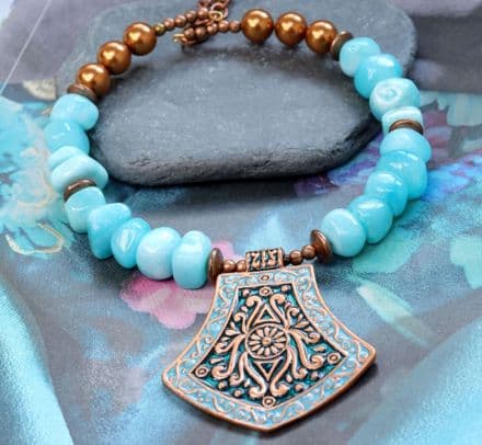 Blue and Copper Choker with Boho Pendant