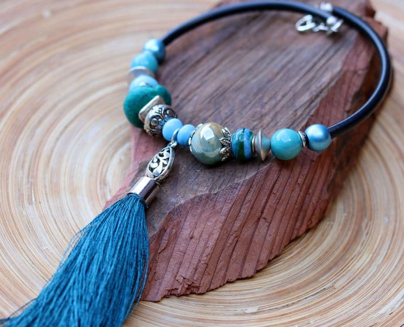 Blue and Silver Chunky Choker with Blue Tassel