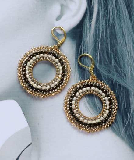 Brown and Gold Beaded Hoop Earrings