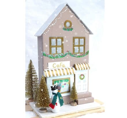 Christmas Café Scene Wooden Ornament or Bookend