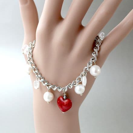 Coral Heart and Pearls Bracelet