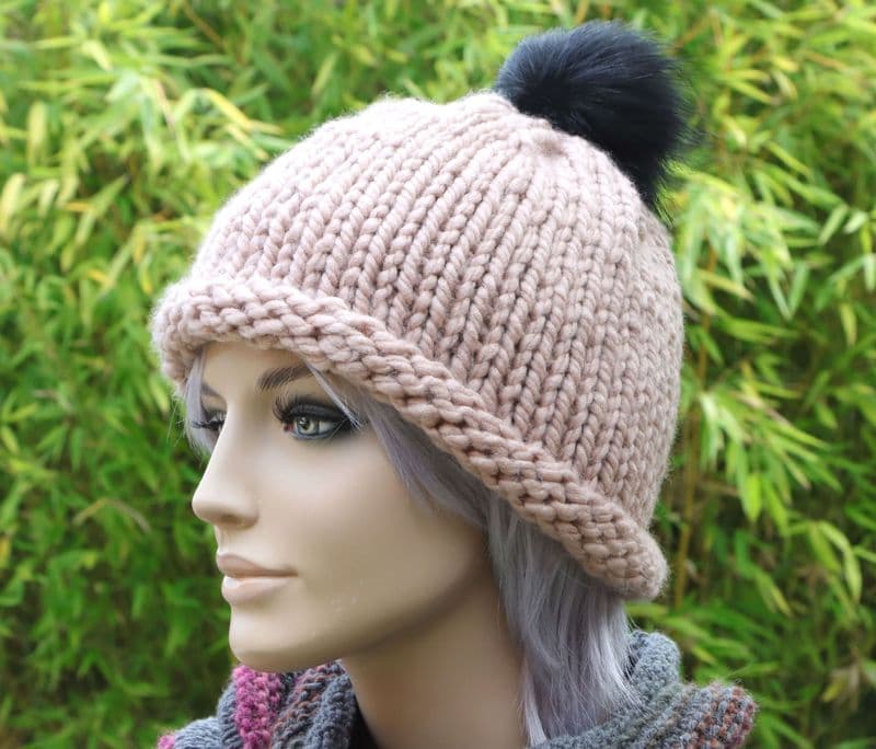 Dusky Pink Chunky Knit Pom Pom Hat