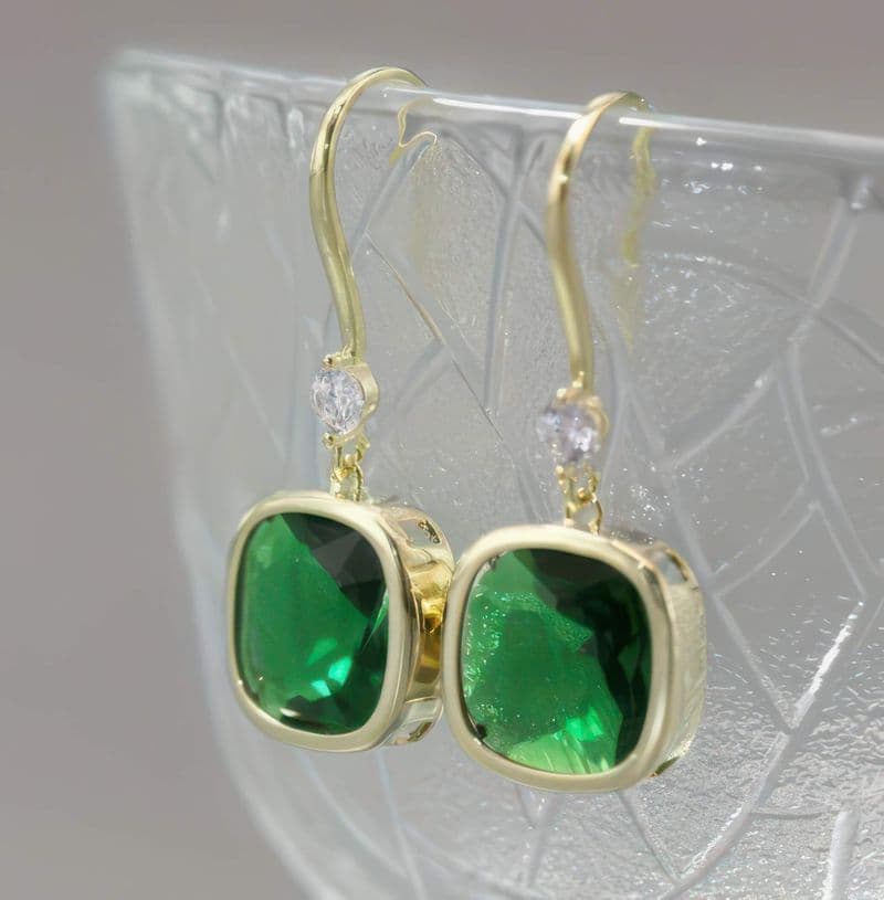 Emerald Green and Gold Square Drop Earrings