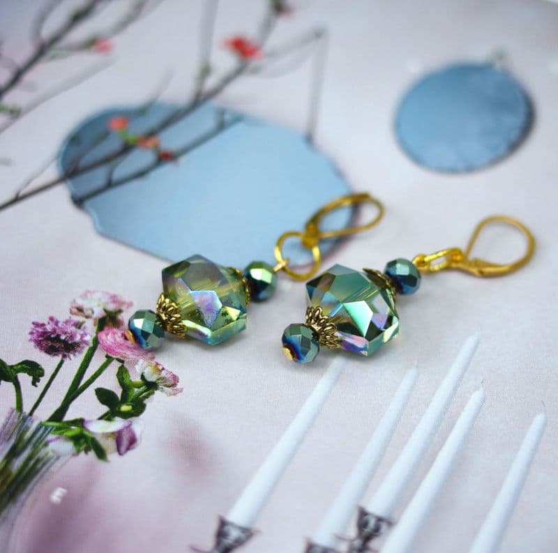 Glass Crystal Drop Earrings in Green