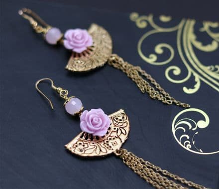 Gold and pink fan and rose dangle earrings