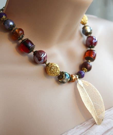 Gold leaf necklace in Autumn colours