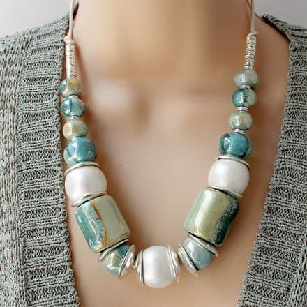 Greek Ceramic Chunky Necklace Aqua and Silver