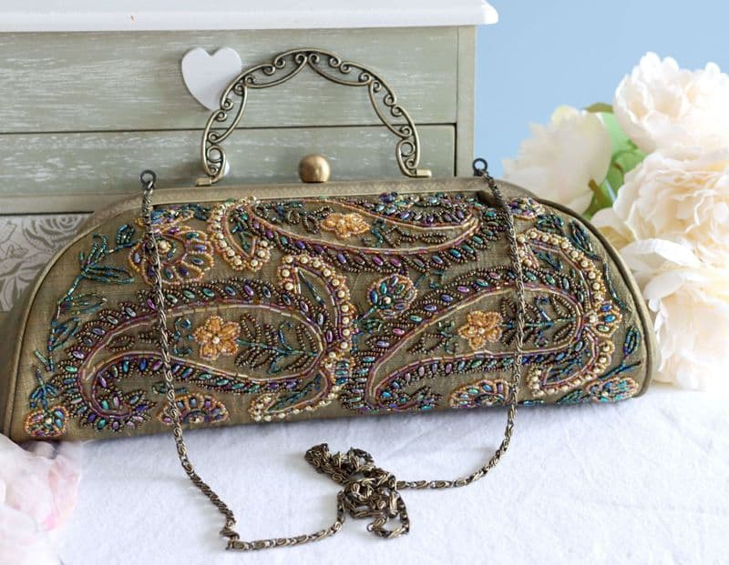 Green & Gold Beaded Evening Bag