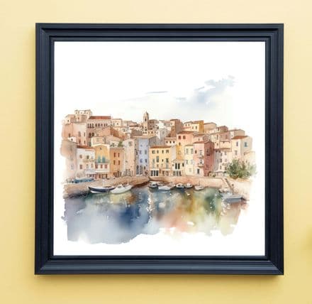 Italian Town & Harbour Scene Watercolour Art print