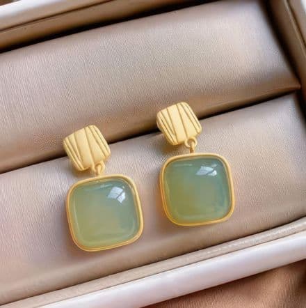 Jade Green and Gold Square shaped Earrings