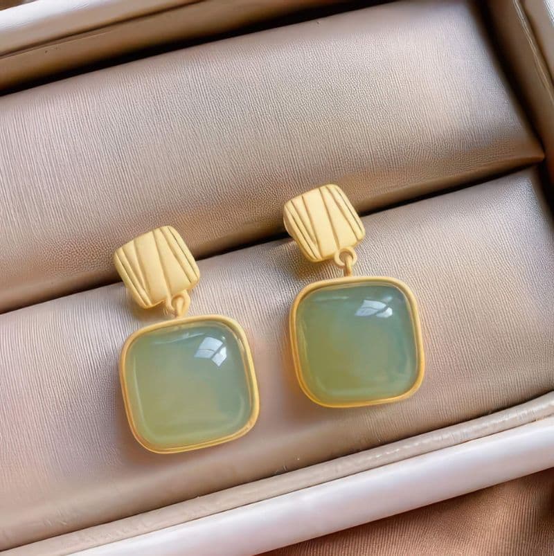 Jade Green and Gold Square shaped Earrings