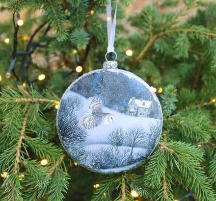 Large Glass Tree Bauble with Barn Owl in Snow Scene