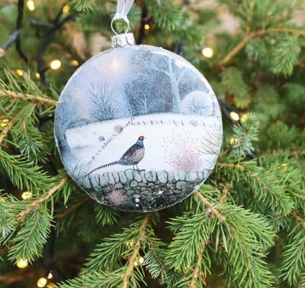 Large Glass Tree Bauble with Pheasant in Snow Scene