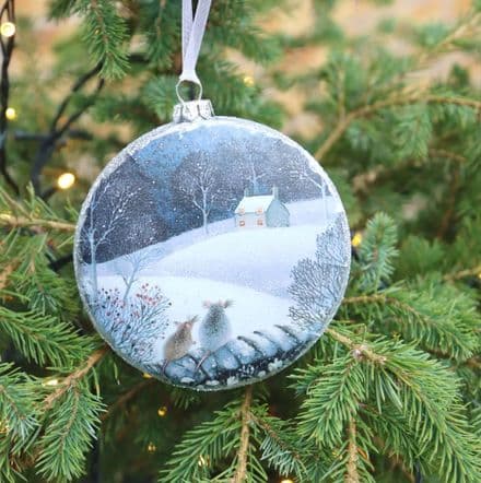 Large Glass Tree Bauble with Two Mice in Snow Scene