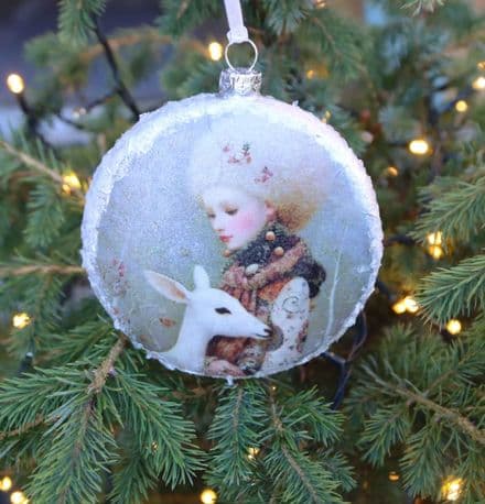 Large Glass Vintage Style Bauble with a Girl with a Lamb image