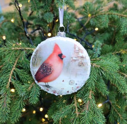 Large Glass Vintage Style Bauble with a Red Cardinal Bird