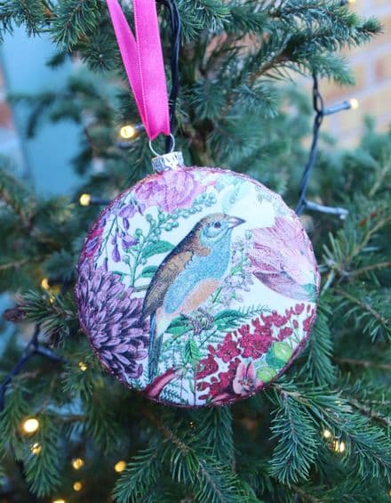 Large Glass Vintage Style Bauble with Bird and Flowers