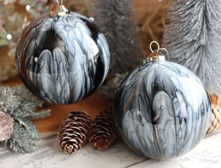 Large Marble Effect Christmas Baubles Silver & Grey