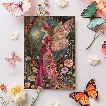 Mystical Fairy Crimson Flowers Greetings Card