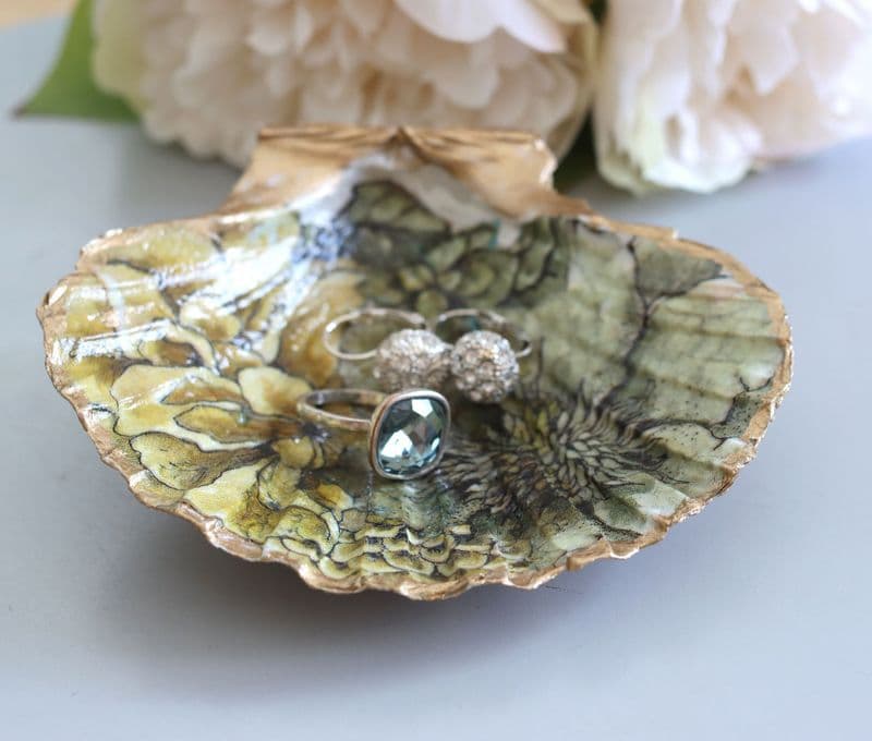Natural Shell Jewellery Dish in Green Floral Design