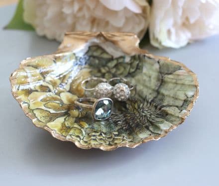 Natural Shell Jewellery Dish in Green Floral Design