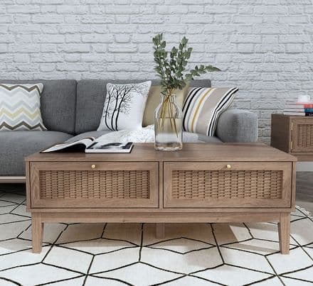 Oak and Rattan Coffee Table
