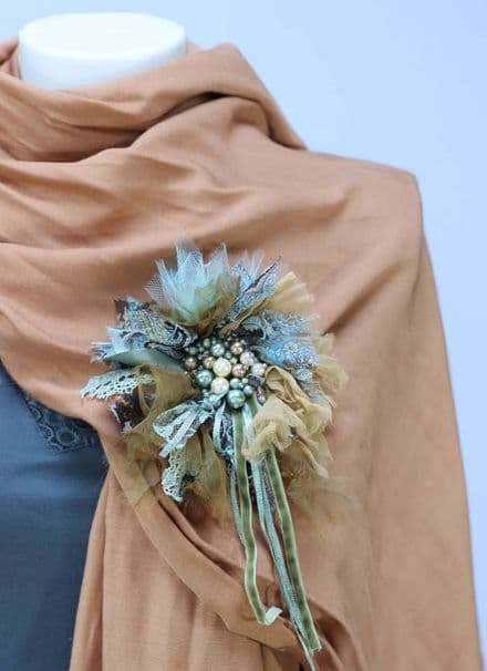 Olive Green Chiffon and Pearl Brooch Corsage