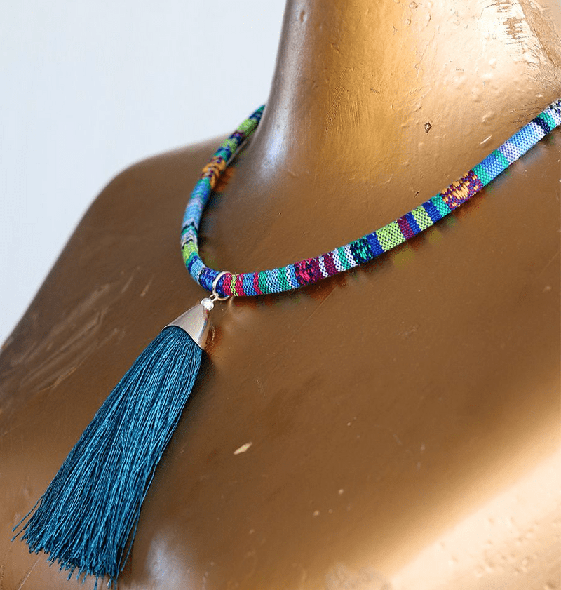 Peacock blue tassel necklace