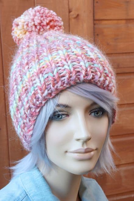 Pink Chunky Knit Pom Pom Hat