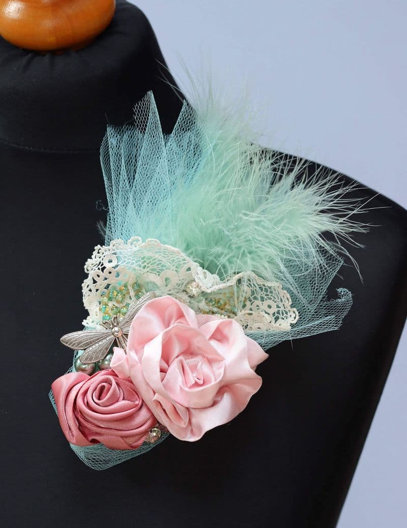 Pink & Mint Green Feather Brooch Corsage