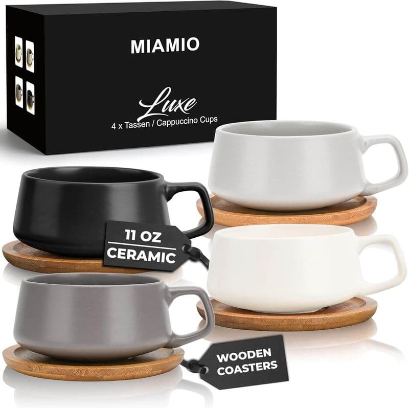 Set of 4 Coffee Cups and Saucers with Bamboo Coasters