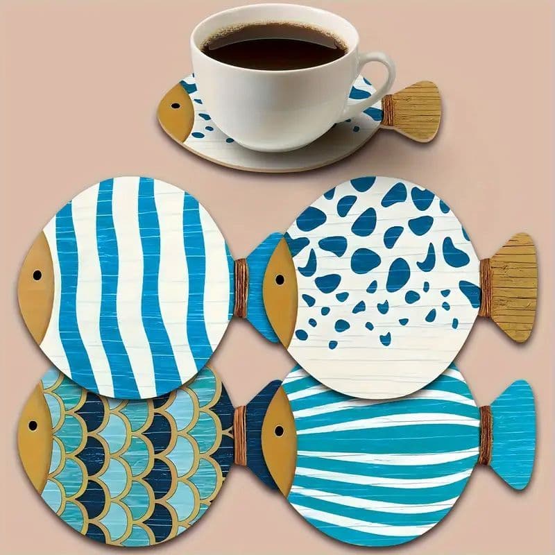 Detailed Fish Coaster Set of 4 Wooden Fish Shaped Coasters