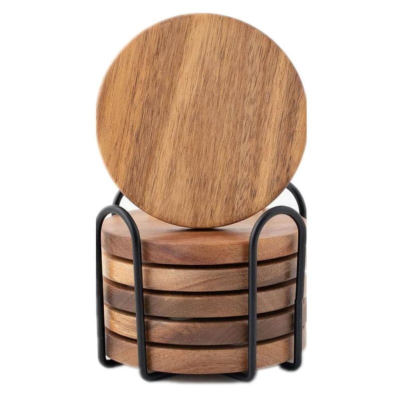 Set of 6 Acacia Wood Coasters with holder