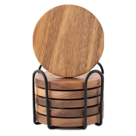 Set of 6 Acacia Wood Coasters with holder