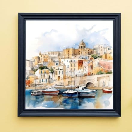 Sicilian Hillside Town & Harbour Scene Watercolour Art print