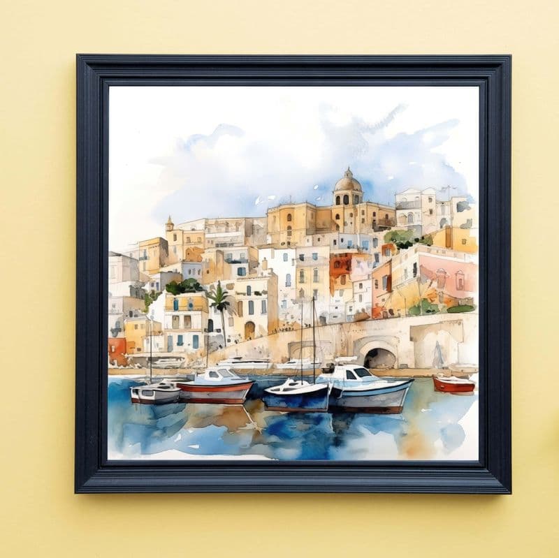 Sicilian Hillside Town & Harbour Scene Watercolour Art print