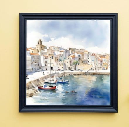Sicilian Town & Harbour Scene Watercolour Art print