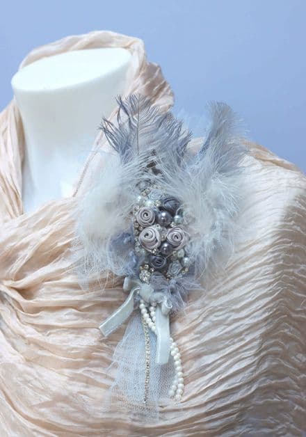Silver and Grey Feather Brooch Corsage