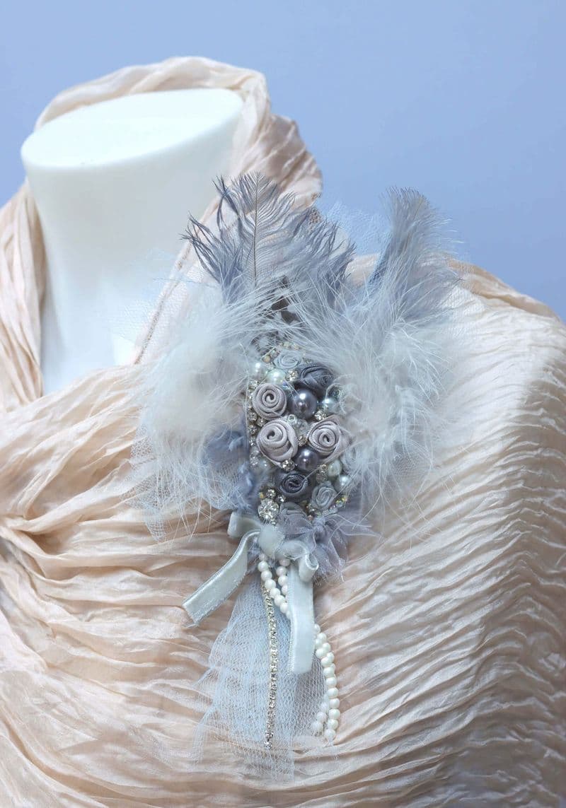 Silver and Grey Feather Brooch Corsage