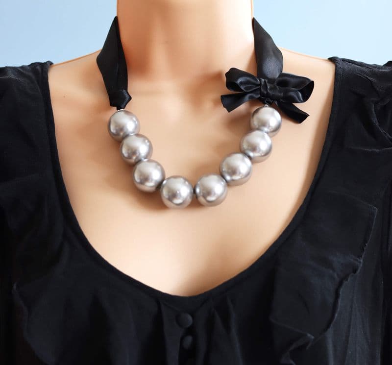 Silver Grey Pearl necklace with black ribbon