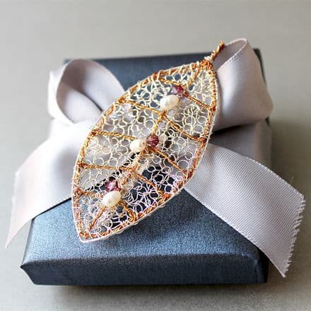 Silver wire leaf brooch