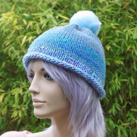Sky Blue Hand Knit Pom Pom Hat