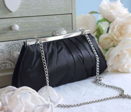 Small Black Satin Evening Bag with Diamante Clasp
