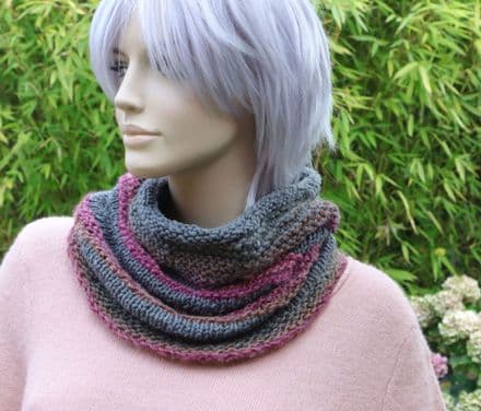 Striped Wool Cowl in Grey and Dark Pink
