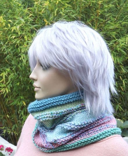 Striped Wool Cowl in Pastel Pink, Green and Blue