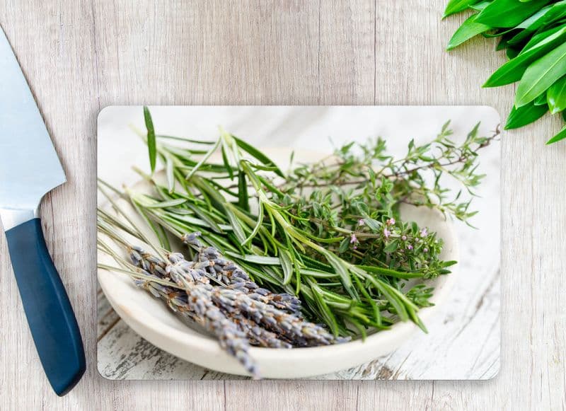 Tempered Glass Chopping Board with Fresh Herbs