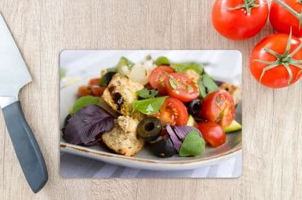 Tempered Glass Chopping Board with Tomato & Olive Salad