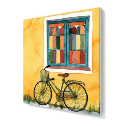 Watercolour Print on Canvas, Yellow Wall with Bicycle